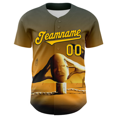 Custom Blue Yellow-Black 3D Marcel Caram Thinking Head Authentic Baseball Jersey