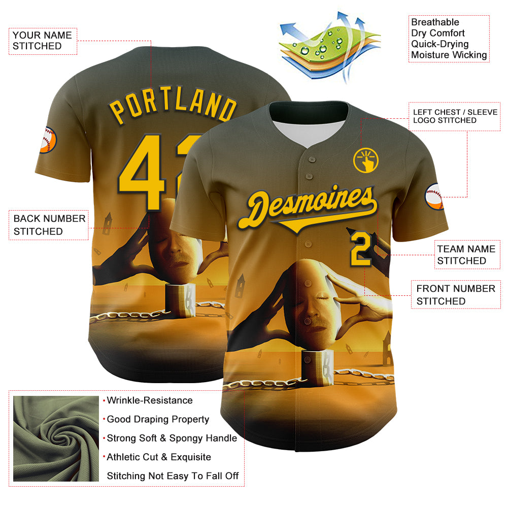 Custom Blue Yellow-Black 3D Marcel Caram Thinking Head Authentic Baseball Jersey