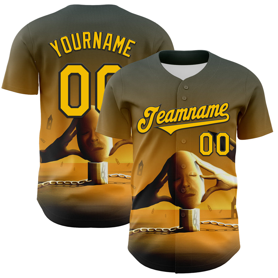 Custom Blue Yellow-Black 3D Marcel Caram Thinking Head Authentic Baseball Jersey