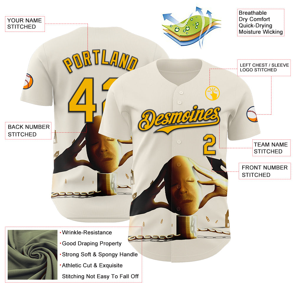 Custom Cream Gold-Black 3D Marcel Caram Thinking Head Authentic Baseball Jersey