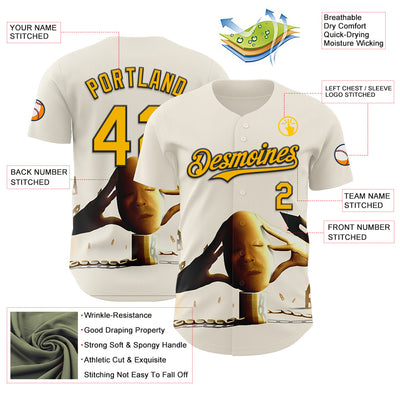 Custom Cream Gold-Black 3D Marcel Caram Thinking Head Authentic Baseball Jersey