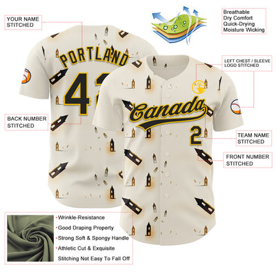 Custom Cream Black-Yellow 3D Marcel Caram Thinking Head Authentic Baseball Jersey
