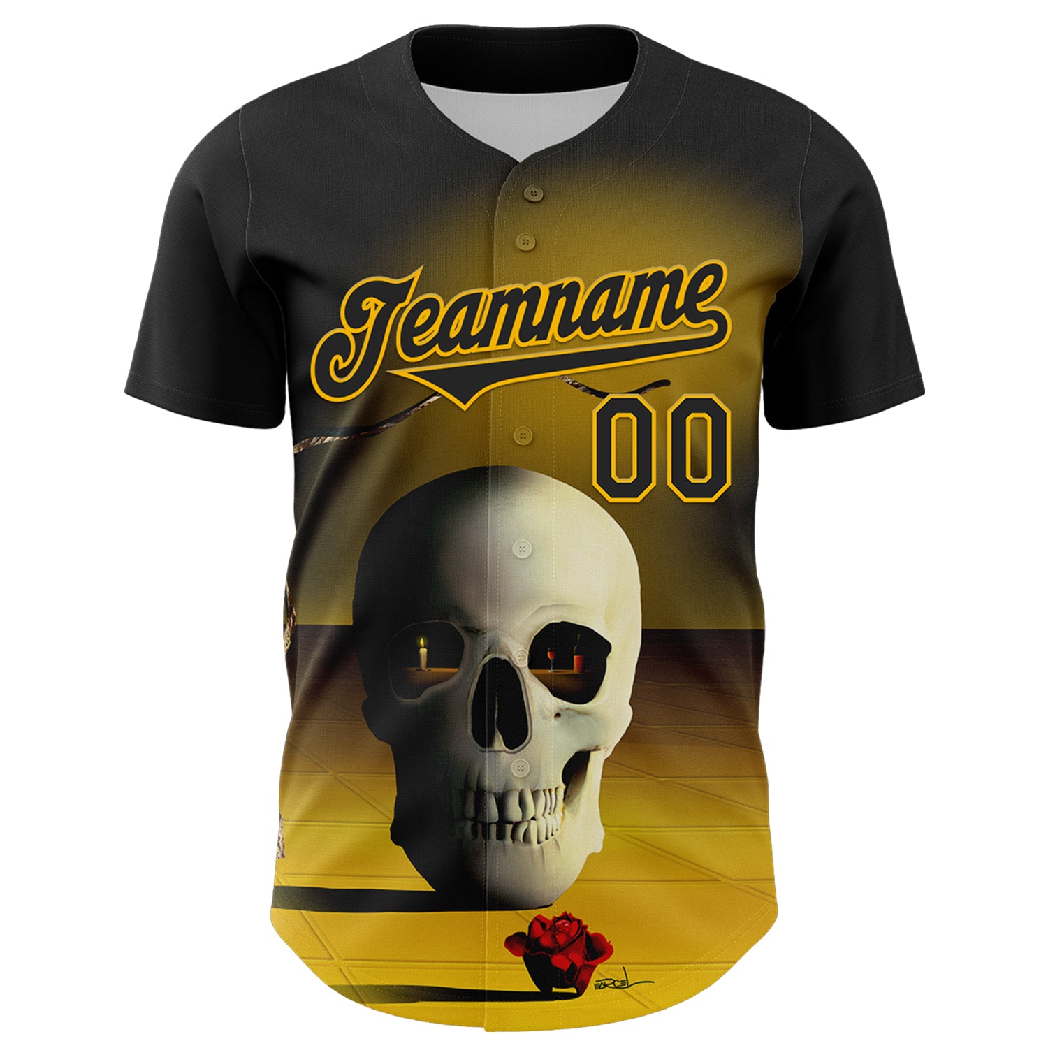 Custom Black Gold 3D Marcel Caram The Skull Authentic Baseball Jersey