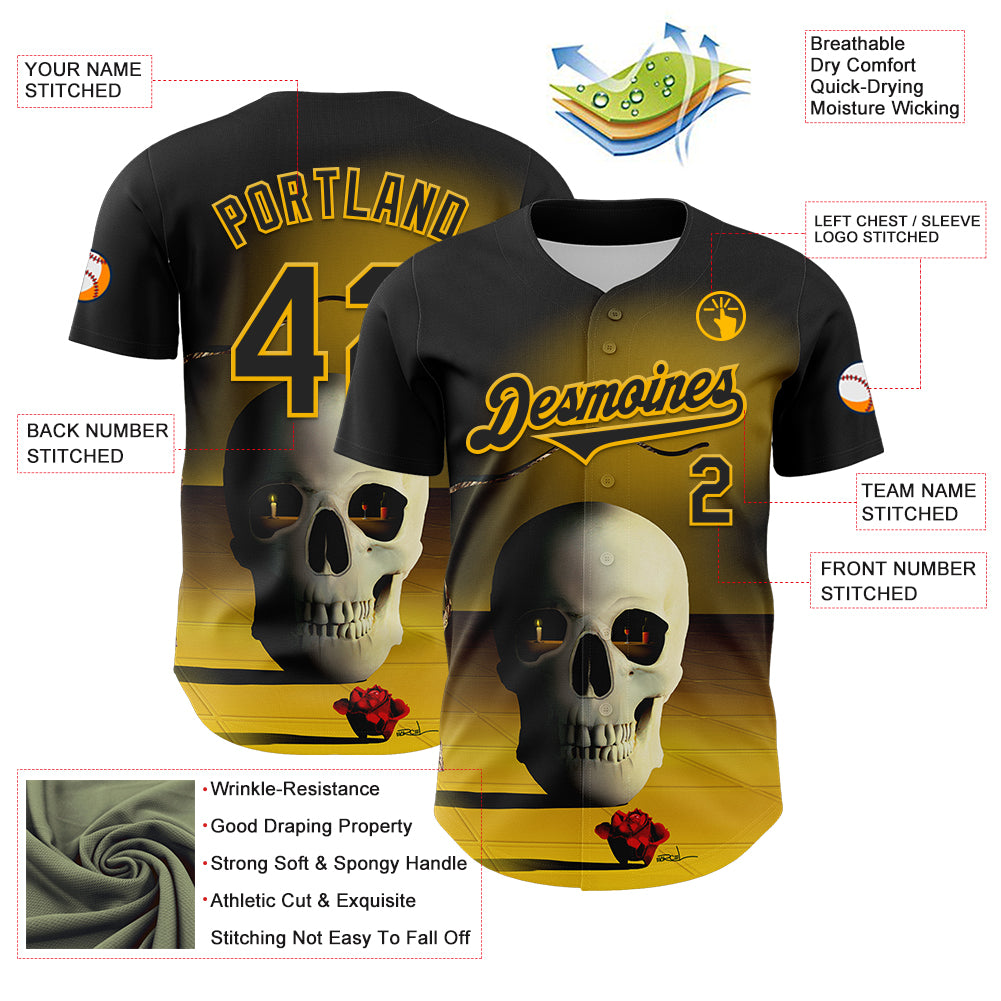 Custom Black Gold 3D Marcel Caram The Skull Authentic Baseball Jersey