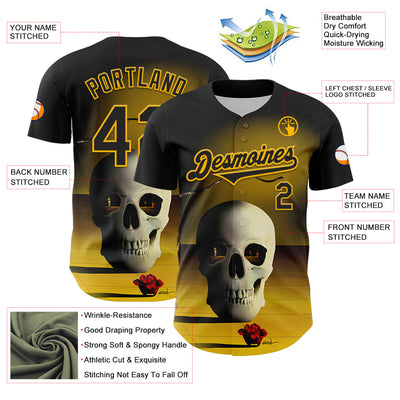 Custom Black Gold 3D Marcel Caram The Skull Authentic Baseball Jersey