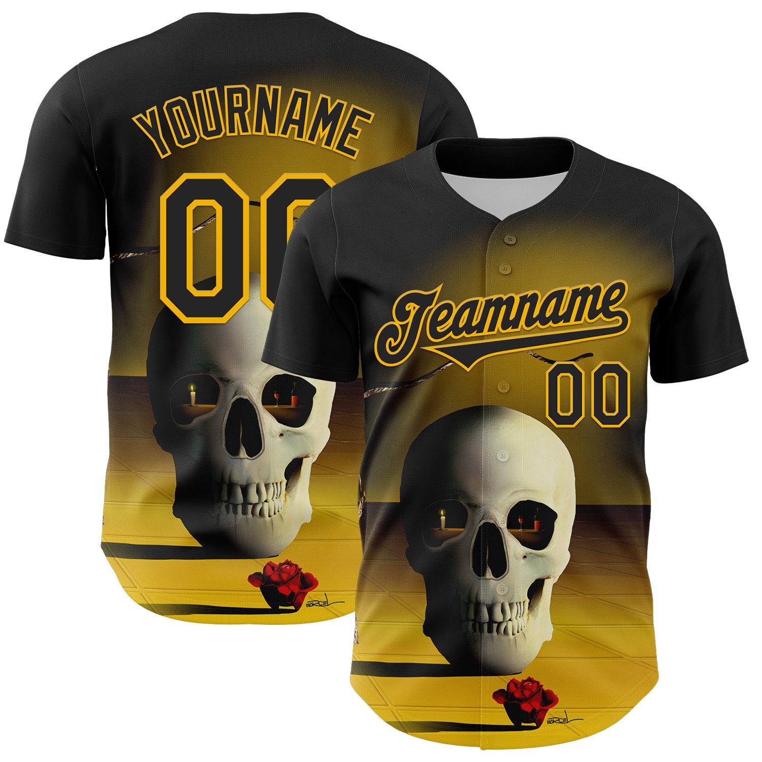 Custom Black Gold 3D Marcel Caram The Skull Authentic Baseball Jersey