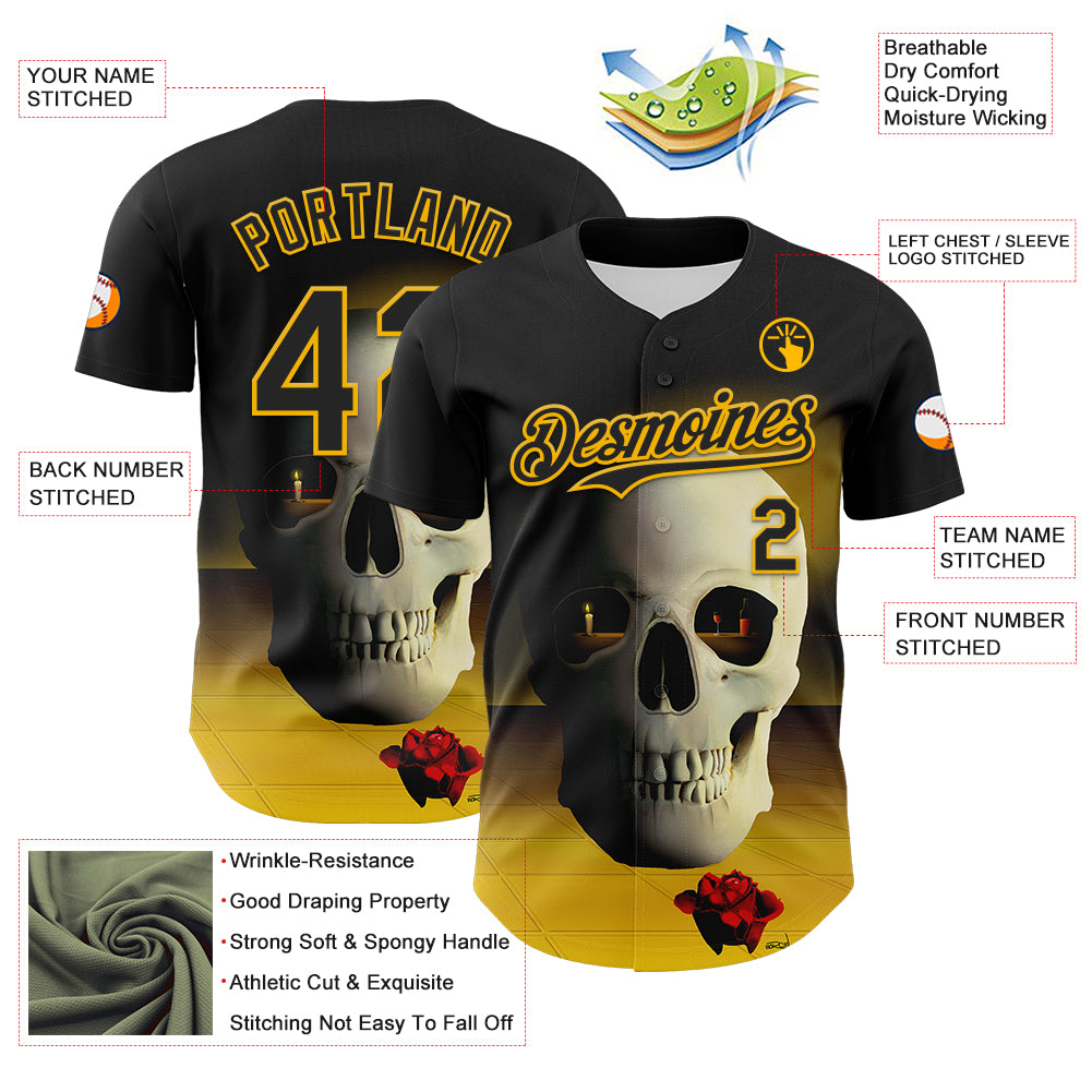 Custom Black Gold 3D Marcel Caram The Skull Authentic Baseball Jersey