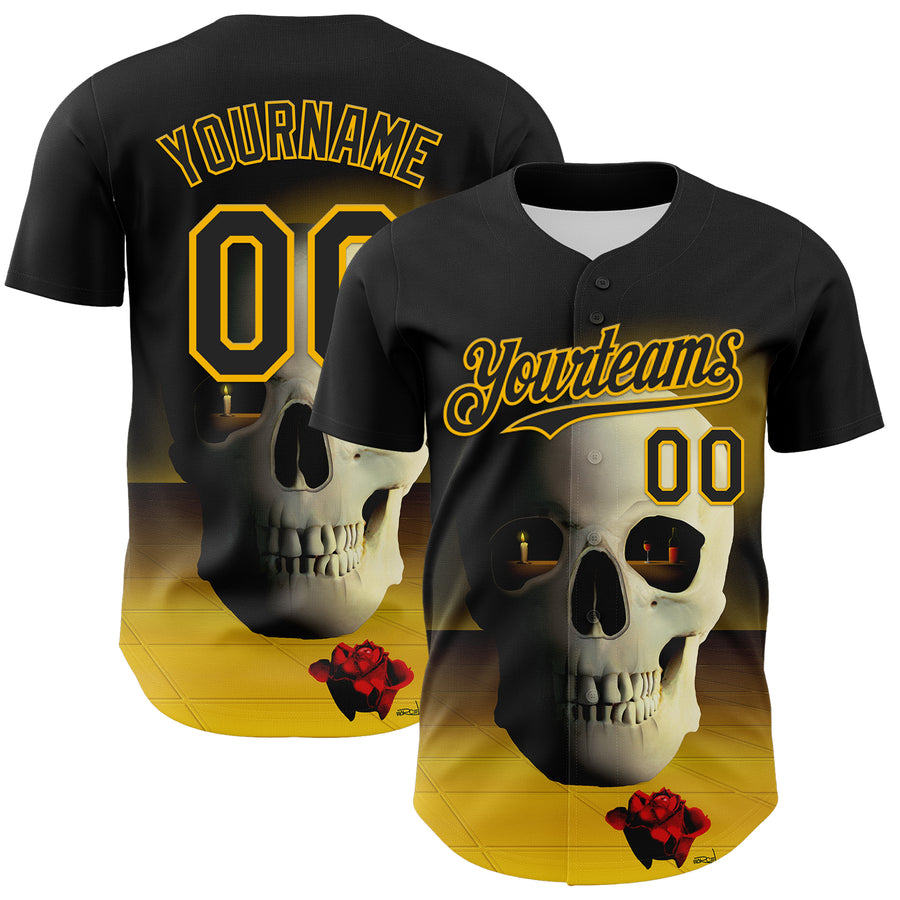 Custom Black Gold 3D Marcel Caram The Skull Authentic Baseball Jersey