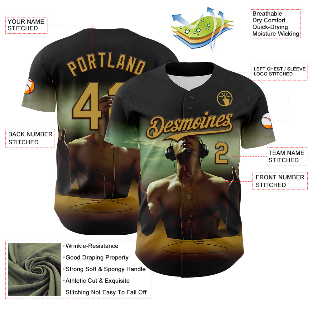 Custom Black Old Gold-Brown 3D Marcel Caram Echoes Of The Heart Authentic Baseball Jersey