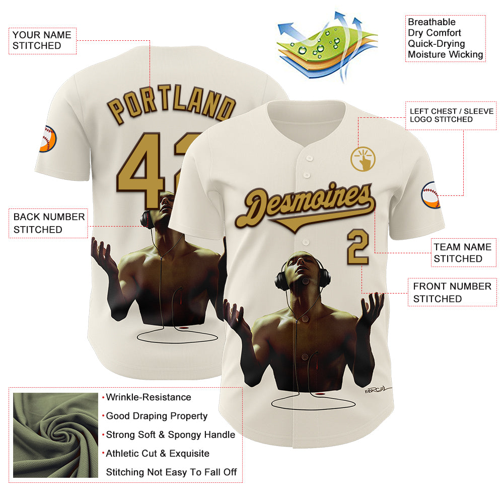 Custom Cream Old Gold-Brown 3D Marcel Caram Echoes Of The Heart Authentic Baseball Jersey