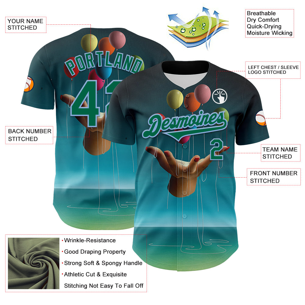 Custom Blue Kelly Green-Light Blue 3D Marcel Caram Allegory With Hand Authentic Baseball Jersey