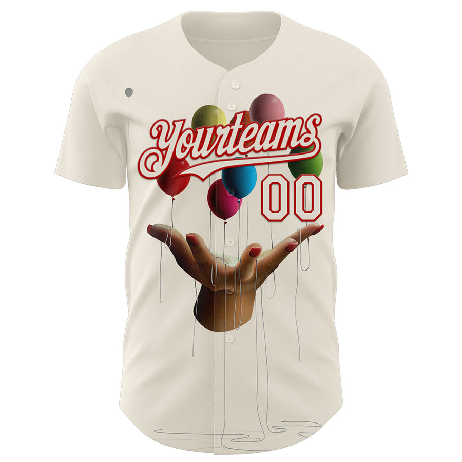 Custom Cream Red 3D Marcel Caram Allegory With Hand Authentic Baseball Jersey