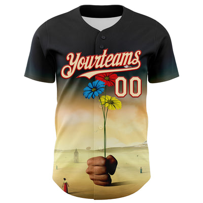 Custom Black Cream-Red 3D Marcel Caram Three Daisies Authentic Baseball Jersey