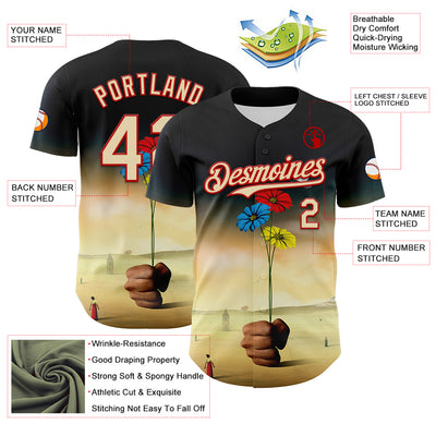 Custom Black Cream-Red 3D Marcel Caram Three Daisies Authentic Baseball Jersey