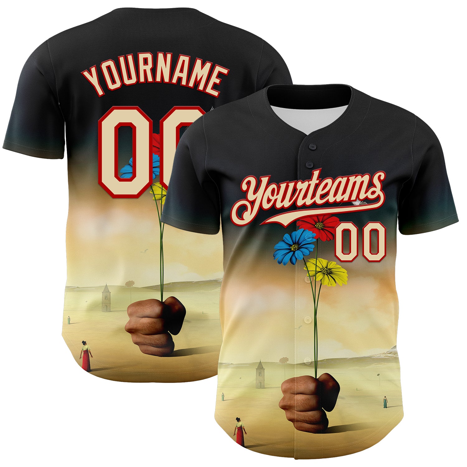 Custom Black Cream-Red 3D Marcel Caram Three Daisies Authentic Baseball Jersey
