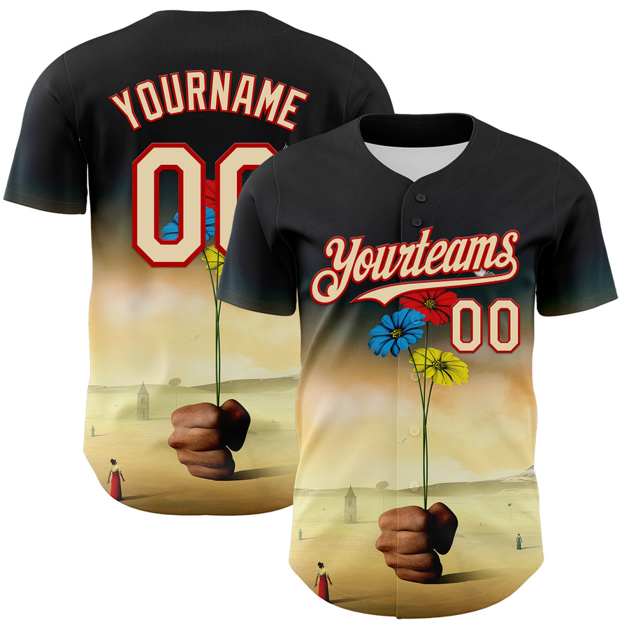 Custom Black Cream-Red 3D Marcel Caram Three Daisies Authentic Baseball Jersey