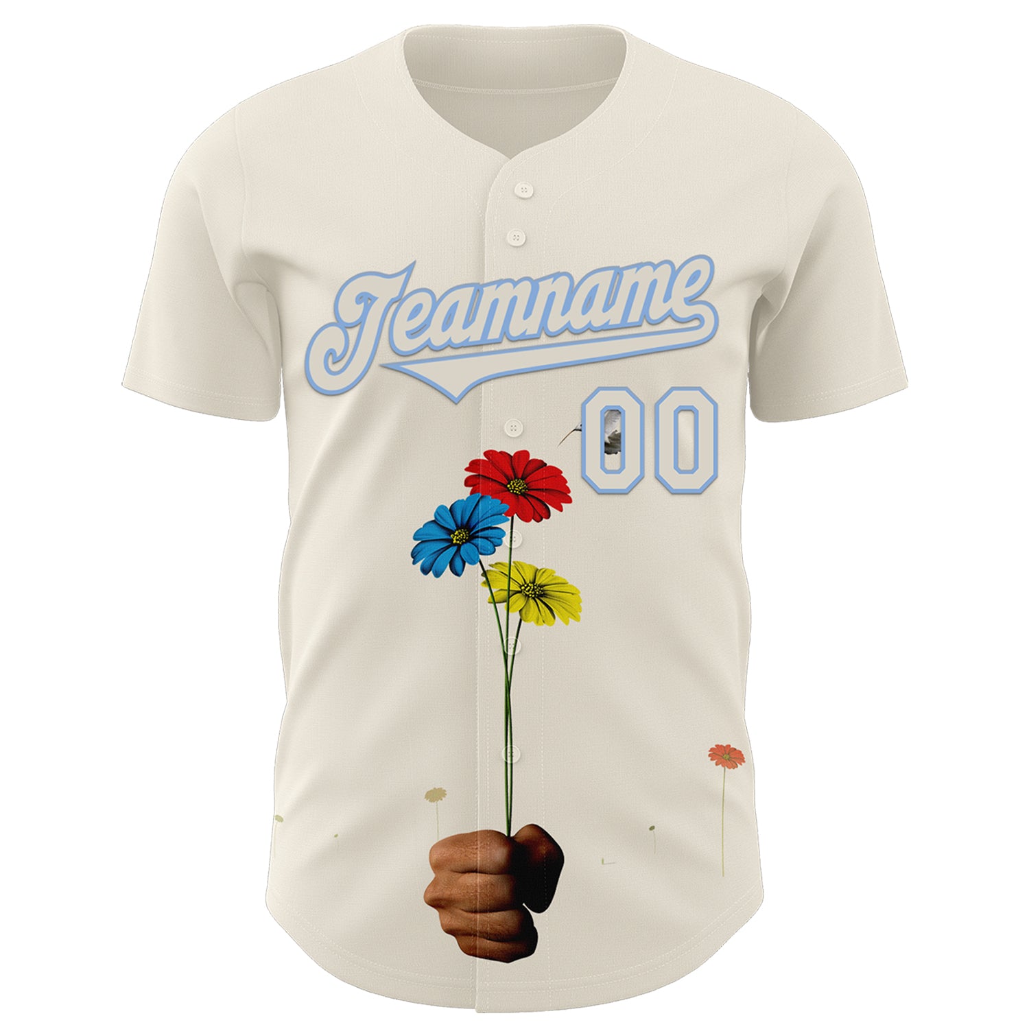Custom Cream Light Blue 3D Marcel Caram Three Daisies Authentic Baseball Jersey