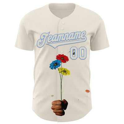 Custom Cream Light Blue 3D Marcel Caram Three Daisies Authentic Baseball Jersey
