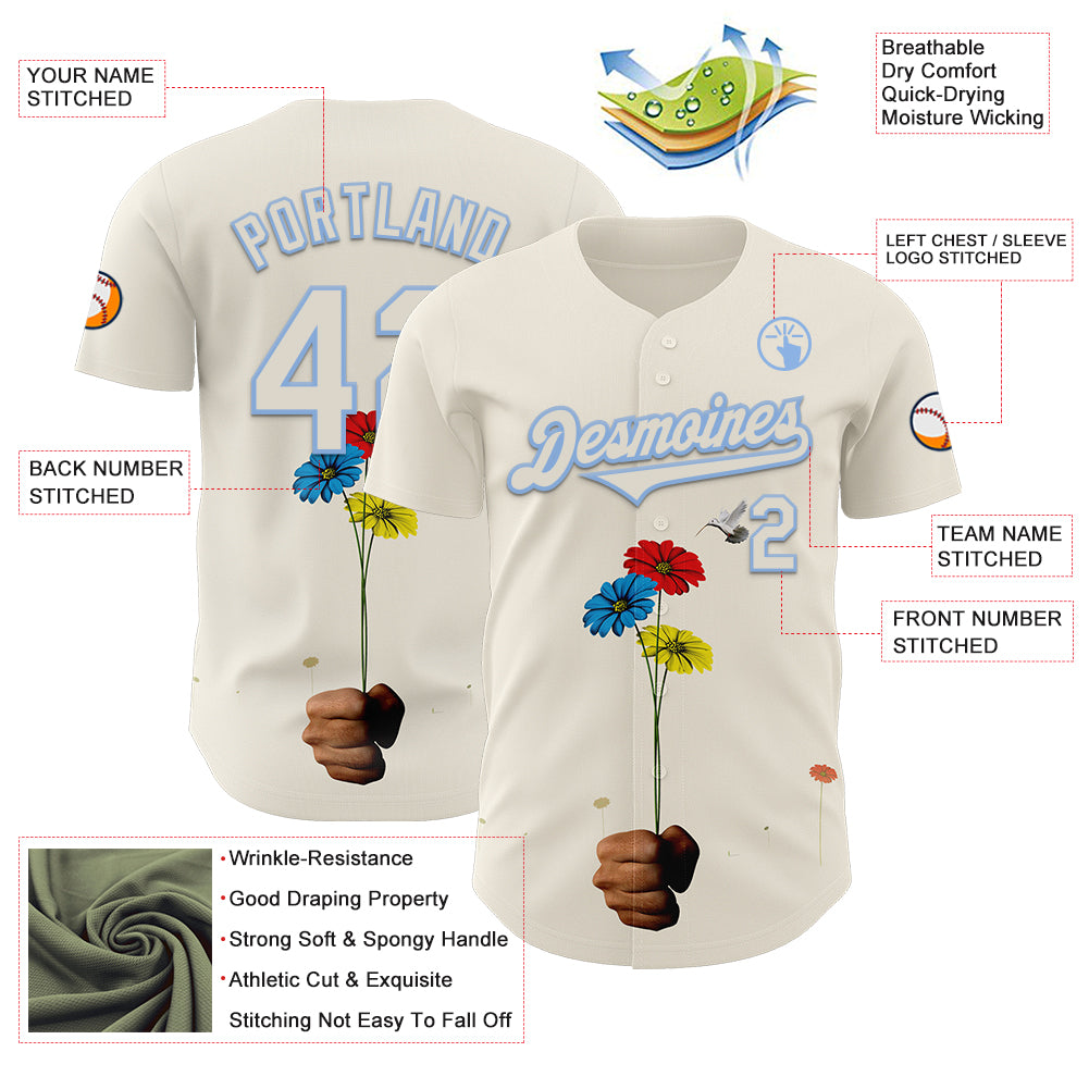 Custom Cream Light Blue 3D Marcel Caram Three Daisies Authentic Baseball Jersey