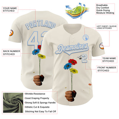 Custom Cream Light Blue 3D Marcel Caram Three Daisies Authentic Baseball Jersey