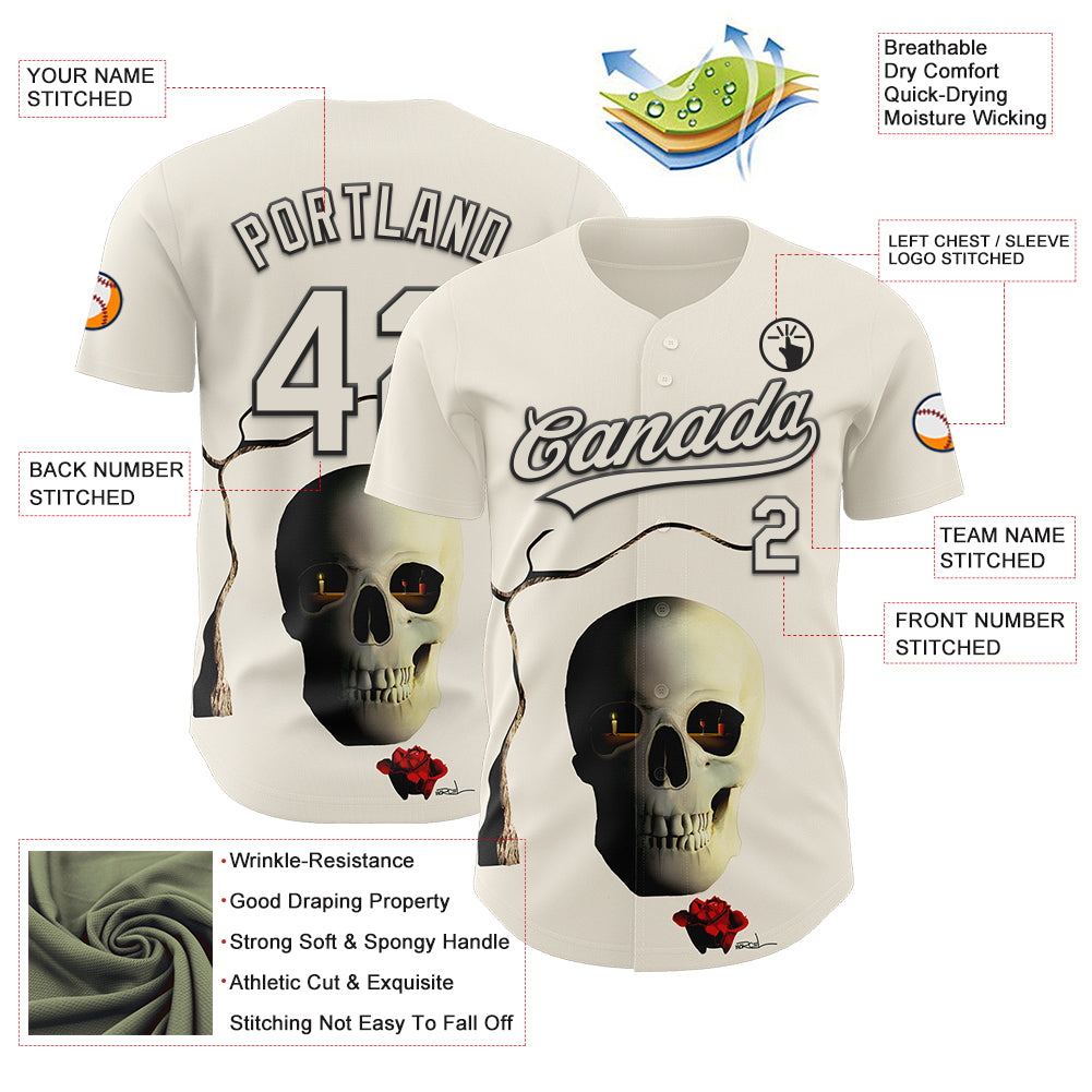 Custom Cream Black 3D Marcel Caram The Skull Authentic Baseball Jersey