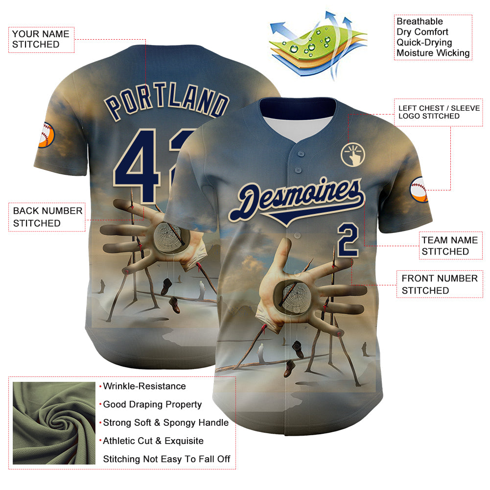 Custom Blue Navy-Cream 3D Marcel Caram The Barbs And The Hand Authentic Baseball Jersey