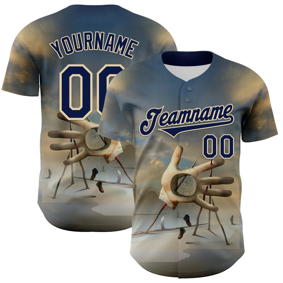 Custom Blue Navy-Cream 3D Marcel Caram The Barbs And The Hand Authentic Baseball Jersey