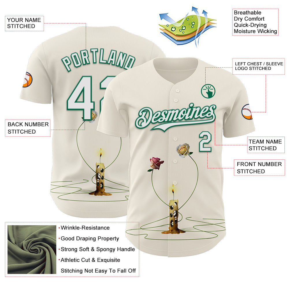 Custom Cream White-Kelly Green 3D Marcel Caram The Dance Of The Roses Authentic Baseball Jersey