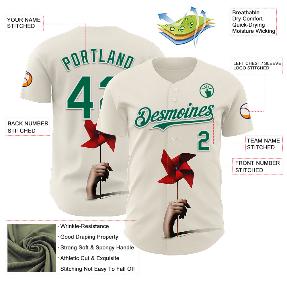 Custom Cream Kelly Green-White 3D Marcel Caram Red Weathervane Authentic Baseball Jersey