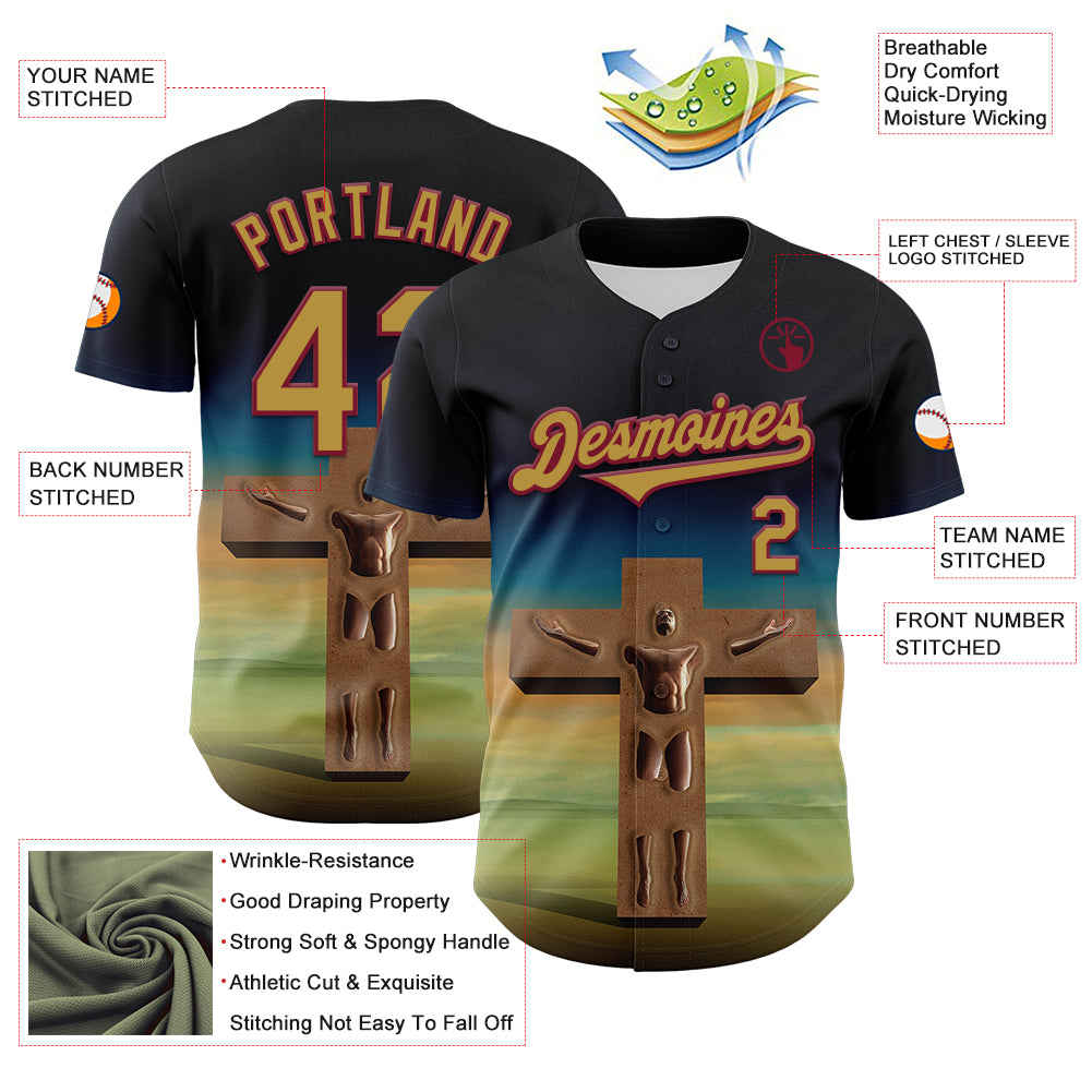 Custom Black Old Gold-Crimson 3D Marcel Caram The Man And The Cross Authentic Baseball Jersey