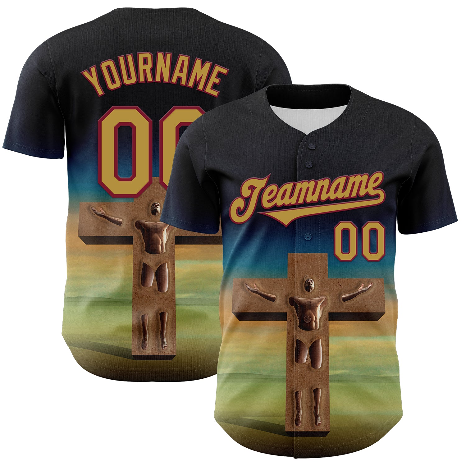 Custom Black Old Gold-Crimson 3D Marcel Caram The Man And The Cross Authentic Baseball Jersey