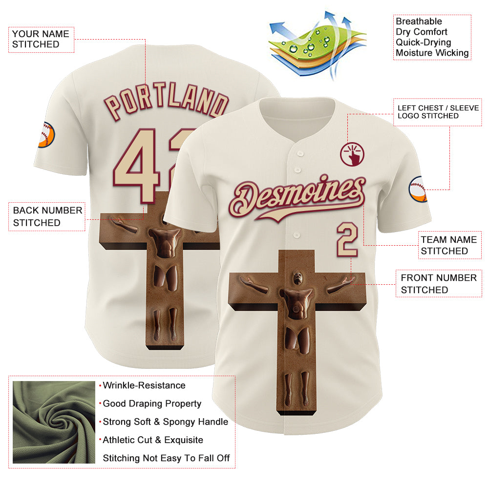 Custom Cream City Cream-Crimson 3D Marcel Caram The Man And The Cross Authentic Baseball Jersey