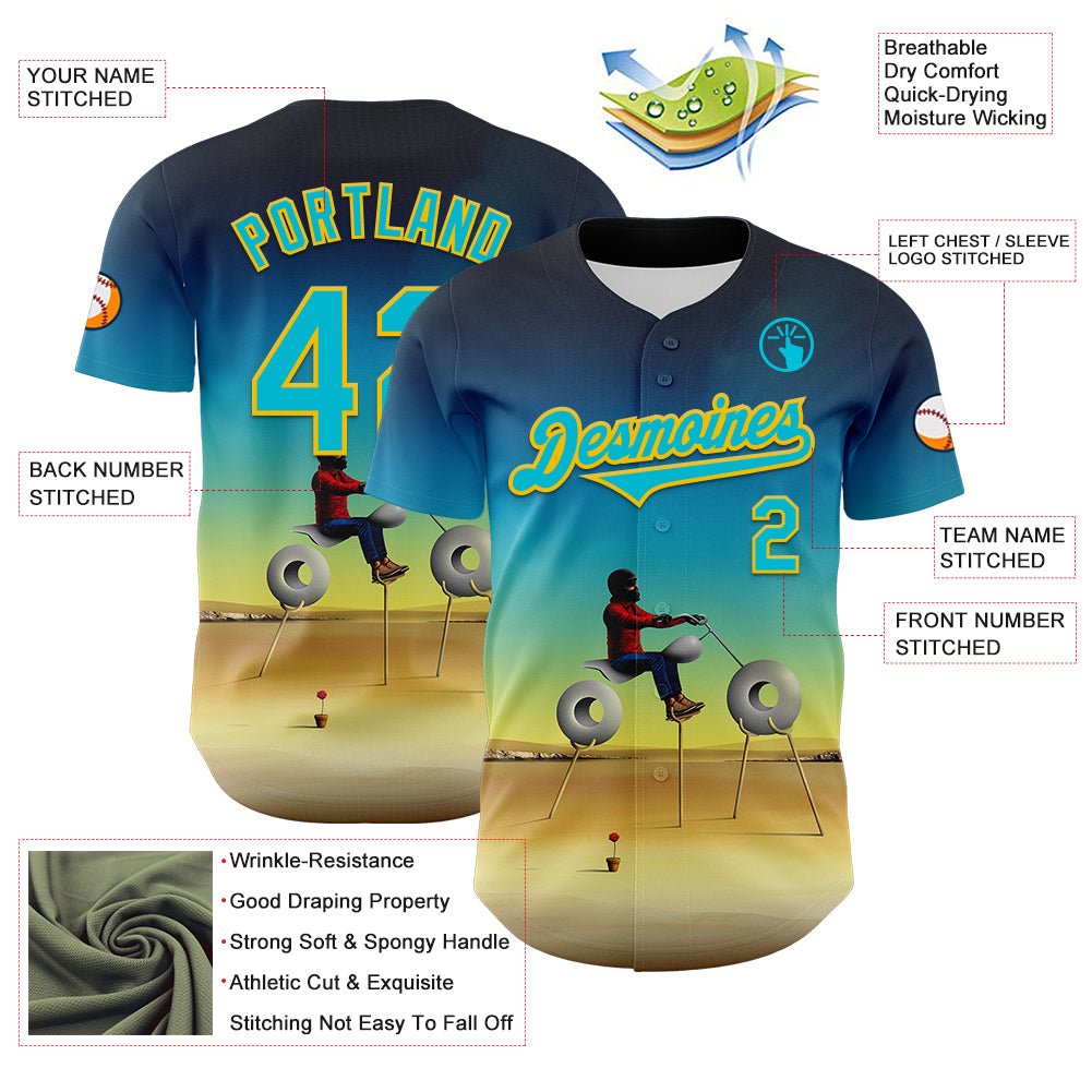 Custom Blue Lakes Blue-Yellow 3D Marcel Caram Man With Motorcycle Authentic Baseball Jersey