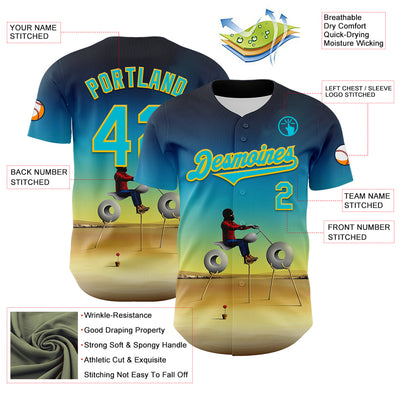 Custom Blue Lakes Blue-Yellow 3D Marcel Caram Man With Motorcycle Authentic Baseball Jersey