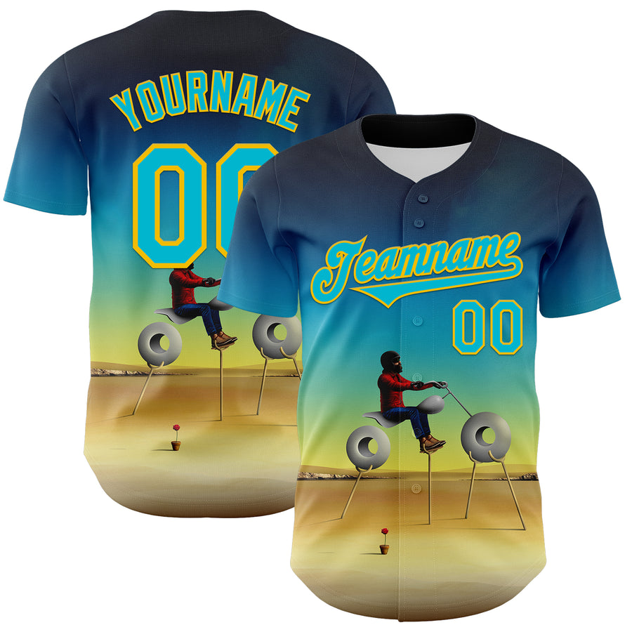 Custom Blue Lakes Blue-Yellow 3D Marcel Caram Man With Motorcycle Authentic Baseball Jersey