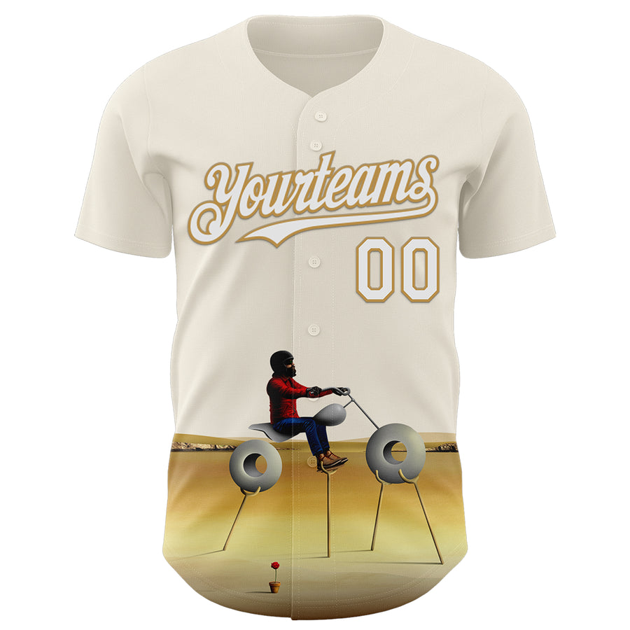 Custom Cream White-Old Gold 3D Marcel Caram Man With Motorcycle Authentic Baseball Jersey