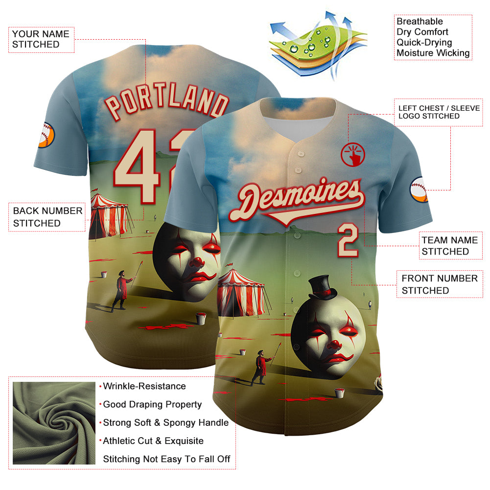 Custom Blue City Cream-Red 3D Marcel Caram The Clown Authentic Baseball Jersey