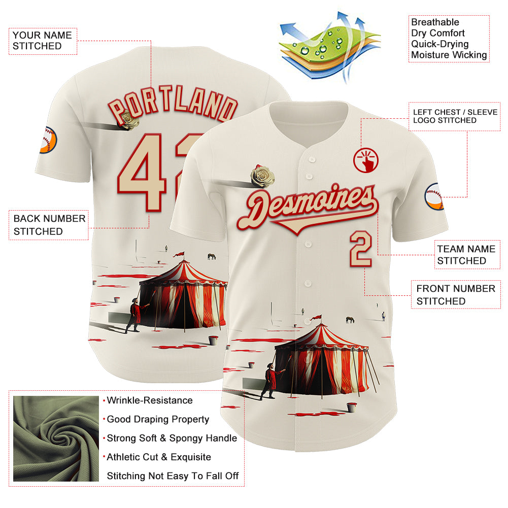 Custom Cream City Cream-Red 3D Marcel Caram The Clown Authentic Baseball Jersey