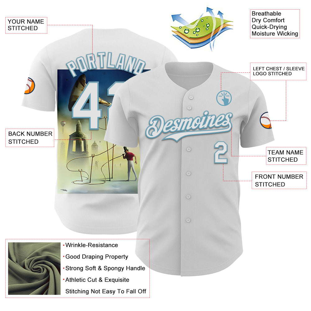 Custom White Shadow Blue 3D Marcel Caram The Horn Authentic Baseball Jersey