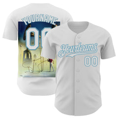 Custom White Shadow Blue 3D Marcel Caram The Horn Authentic Baseball Jersey