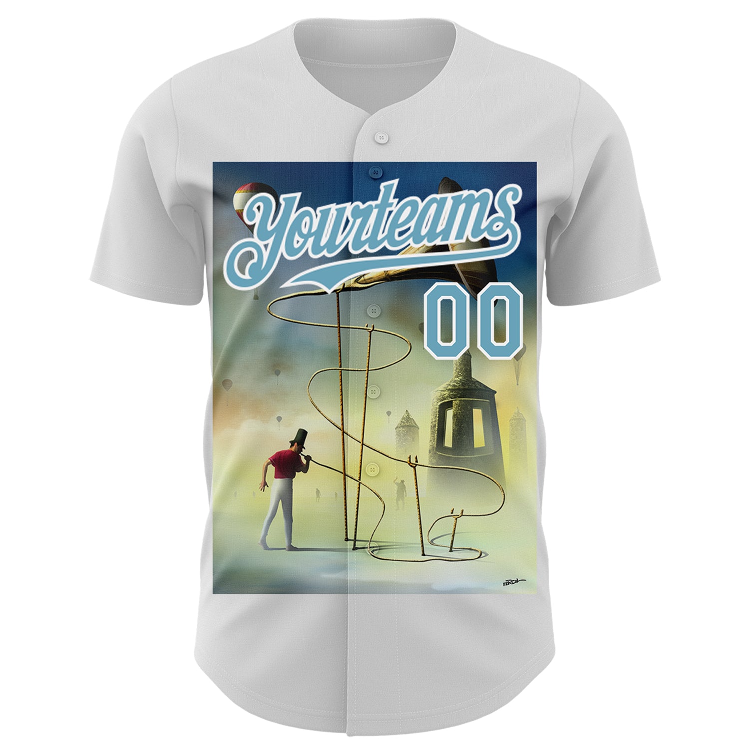 Custom White Shadow Blue 3D Marcel Caram The Horn Authentic Baseball Jersey