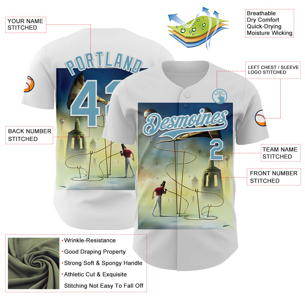 Custom White Shadow Blue 3D Marcel Caram The Horn Authentic Baseball Jersey