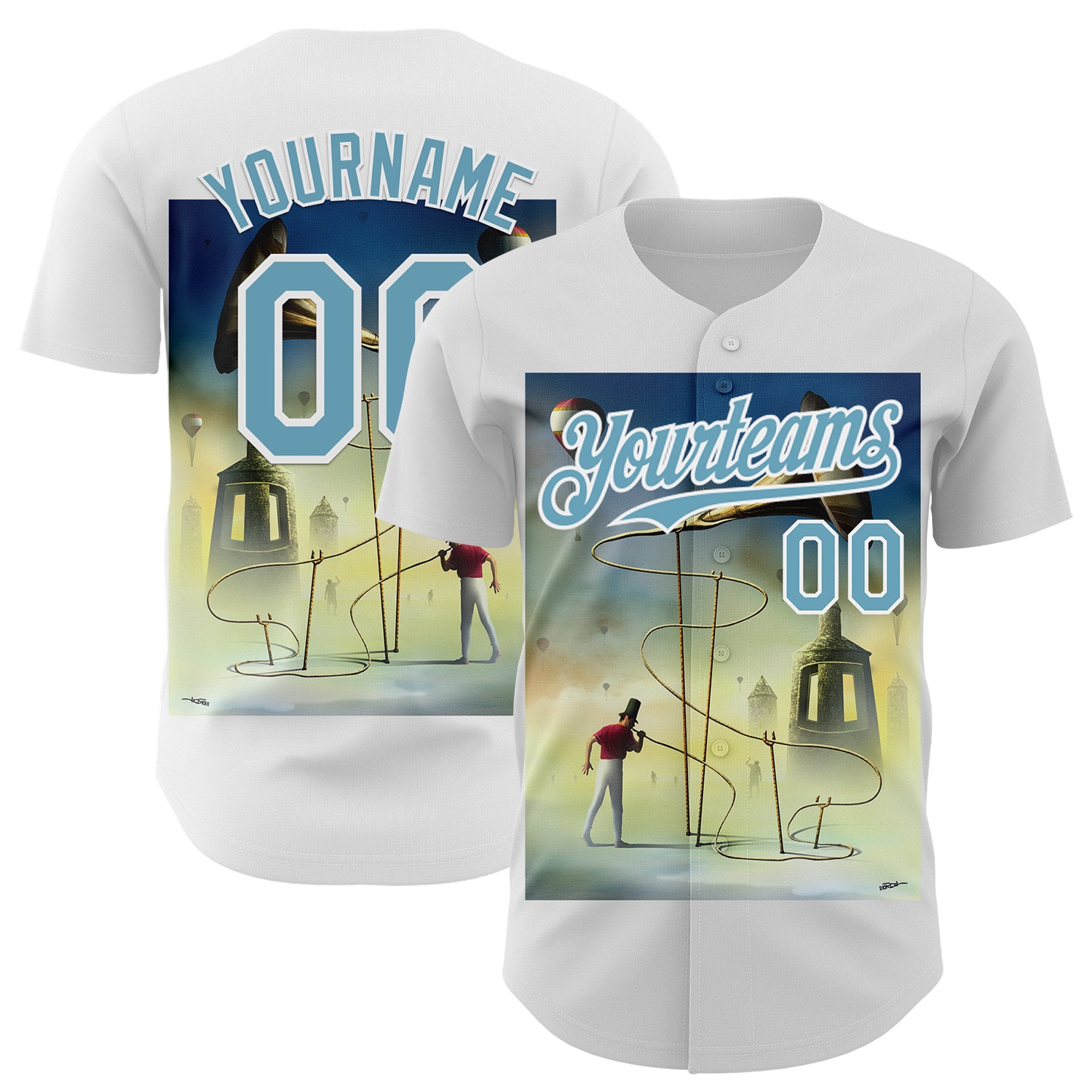 Custom White Shadow Blue 3D Marcel Caram The Horn Authentic Baseball Jersey