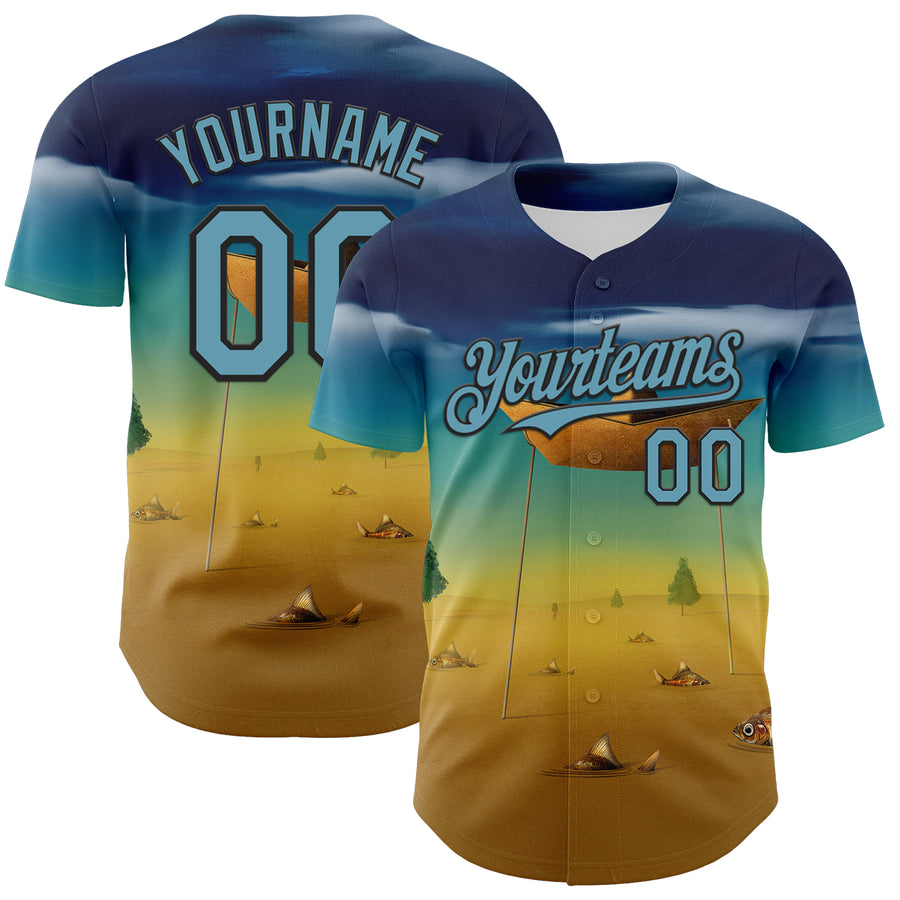 Custom Blue Shadow Blue Yellow-Black 3D Marcel Caram Metaphysical Scene With Little Boat Authentic Baseball Jersey