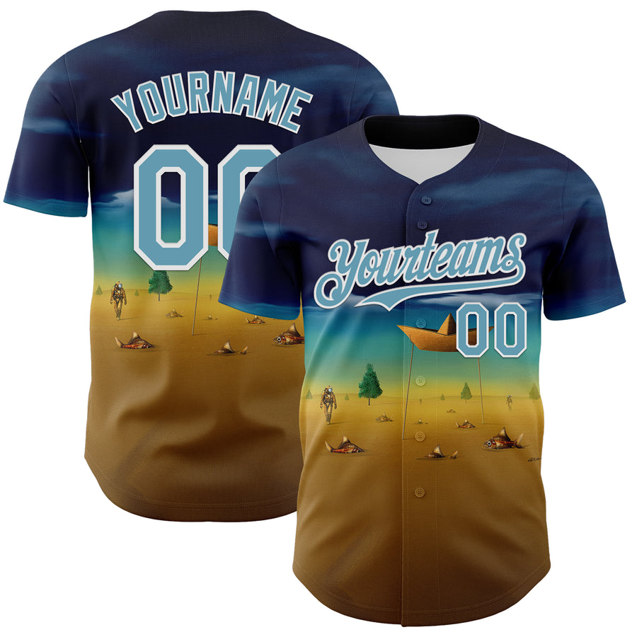Custom Blue Shadow Blue Yellow-White 3D Marcel Caram Metaphysical Scene With Little Boat Authentic Baseball Jersey