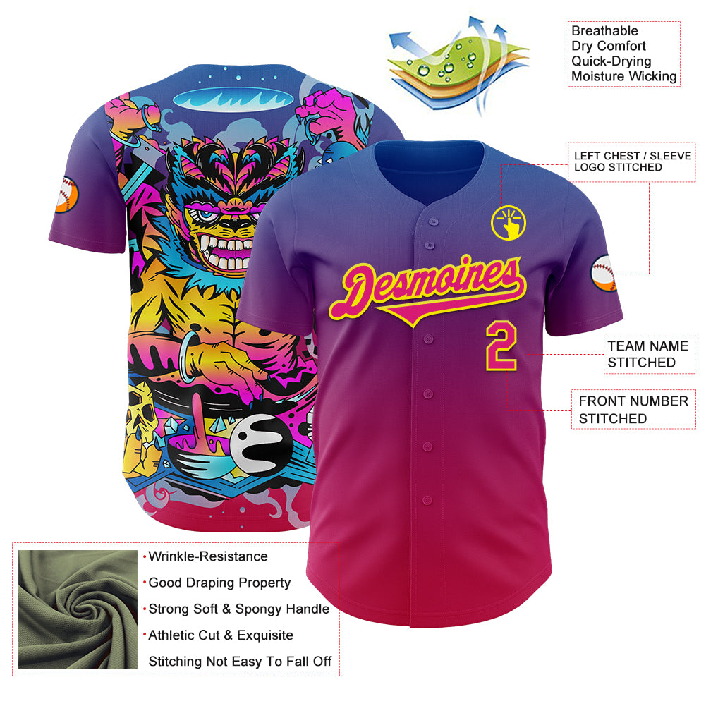 Custom Purple Hot Pink Red-Light Yellow 3D Geo Law Demon King Deities Authentic Baseball Jersey