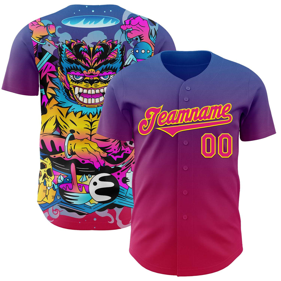 Custom Purple Hot Pink Red-Light Yellow 3D Geo Law Demon King Deities Authentic Baseball Jersey