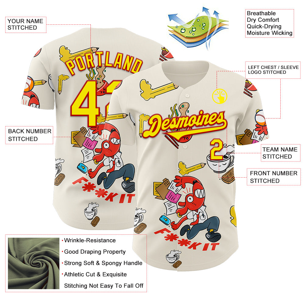 Custom Cream Light Yellow-Red 3D Geo Law Fuckit Authentic Baseball Jersey