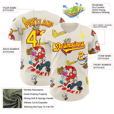 Custom Cream Light Yellow-Red 3D Geo Law Fuckit Authentic Baseball Jersey