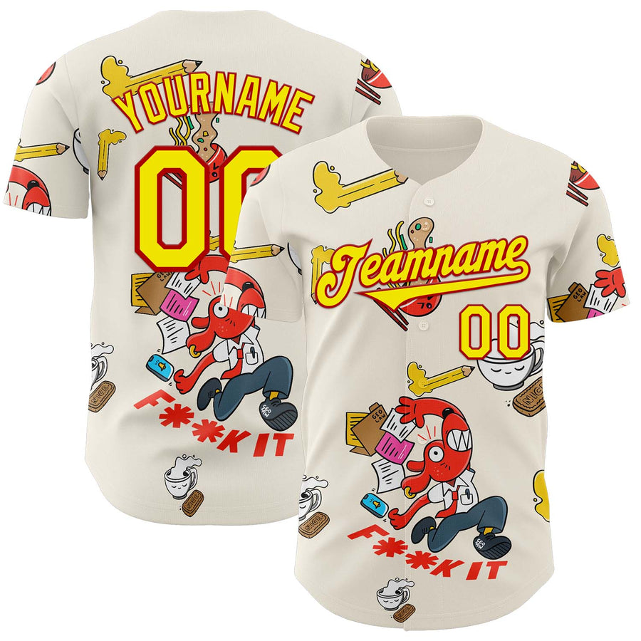 Custom Cream Light Yellow-Red 3D Geo Law Fuckit Authentic Baseball Jersey